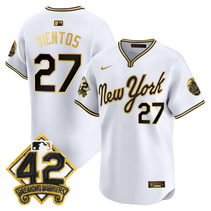 New York Mets 2025 Jackie Robinson Patch Road Alternate Jersey  White Gold Mark Vientos